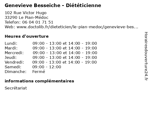 Genevieve Besseiche - Diététicienne à Le Pian-Médoc: adresse et heures d'ouverture