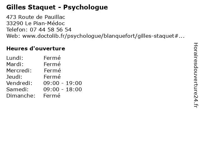 Gilles Staquet - Psychologue à Le Pian-Médoc: adresse et heures d'ouverture