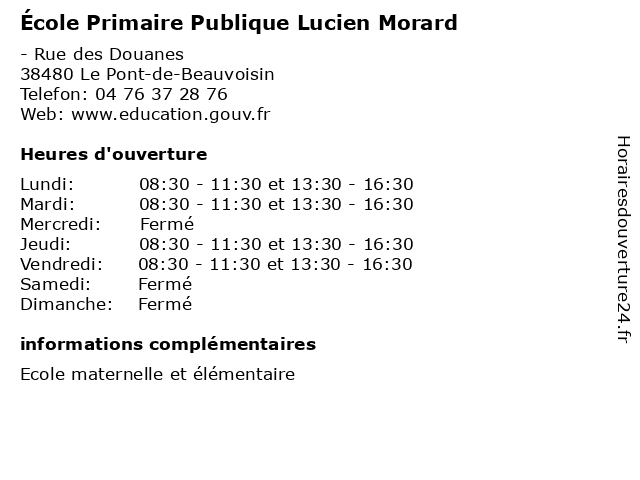École Primaire Publique Lucien Morard à Le Pont-de-Beauvoisin: adresse et heures d'ouverture
