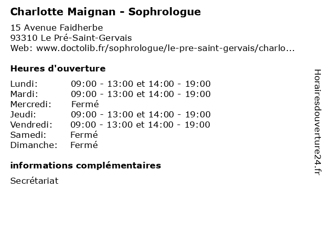 Charlotte Maignan - Sophrologue à Le Pré-Saint-Gervais: adresse et heures d'ouverture