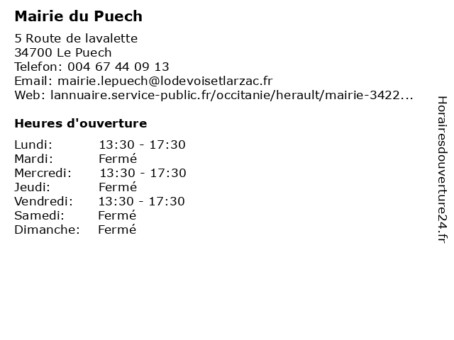 Mairie du Puech à Le Puech: adresse et heures d'ouverture