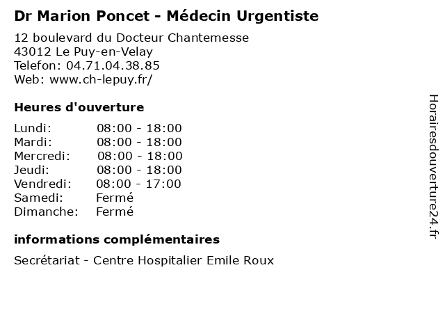 Dr Marion Poncet - Médecin Urgentiste à Le Puy-en-Velay: adresse et heures d'ouverture