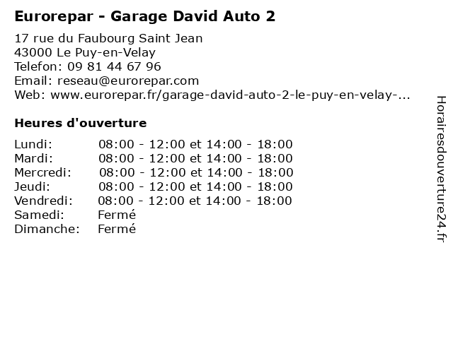 Eurorepar - Garage David Auto 2 à Le Puy-en-Velay: adresse et heures d'ouverture