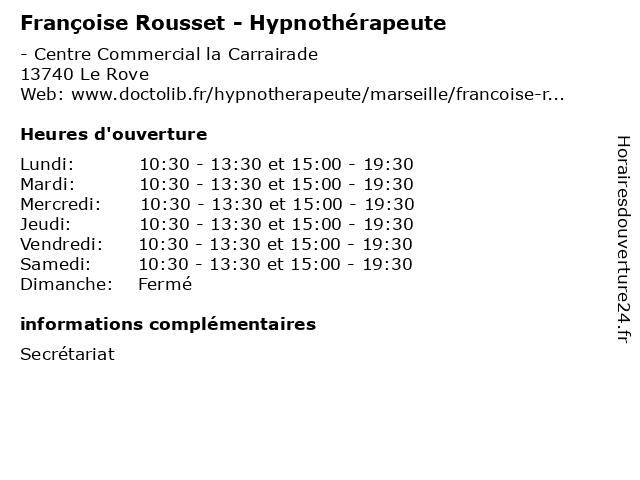Françoise Rousset - Hypnothérapeute à Le Rove: adresse et heures d'ouverture