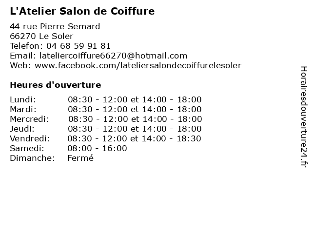 L'Atelier Salon de Coiffure à Le Soler: adresse et heures d'ouverture