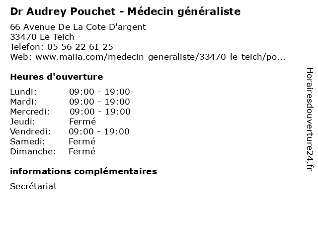 Dr Audrey Pouchet - Médecin généraliste à Le Teich: adresse et heures d'ouverture