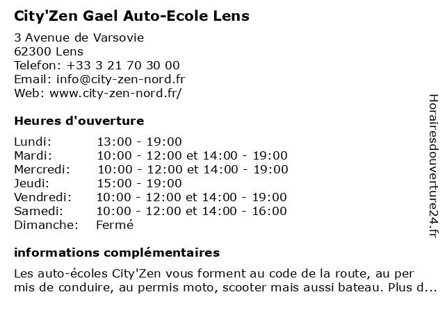 Lodge Voornaamwoord borst ᐅ Horaires d'ouverture „City'Zen Gael Auto-Ecole Lens“ | 3 Avenue de  Varsovie à Lens