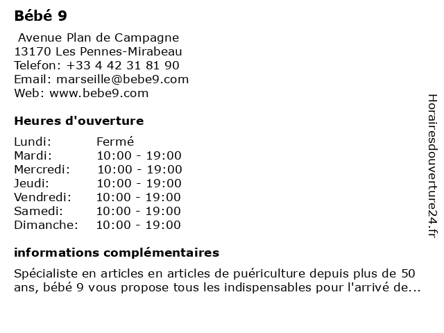 ᐅ Horaires D Ouverture Autour De Bebe Avenue Du Plan De Campagne A Les Pennes Mirabeau