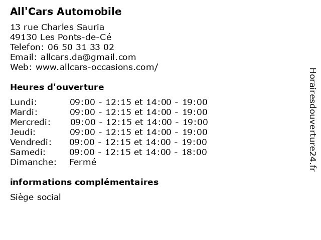 All'Cars Automobile à Les Ponts-de-Cé: adresse et heures d'ouverture