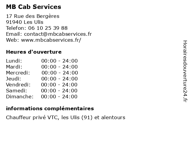 MB Cab Services à Les Ulis: adresse et heures d'ouverture