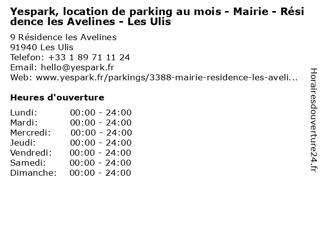Yespark, location de parking au mois - Mairie - Résidence les Avelines - Les Ulis à Les Ulis: adresse et heures d'ouverture