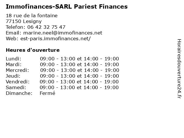 Immofinances-SARL Pariest Finances à Lesigny: adresse et heures d'ouverture