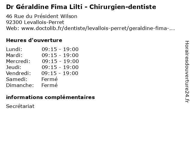 Dr Géraldine Fima Lilti - Chirurgien-dentiste à Levallois-Perret: adresse et heures d'ouverture