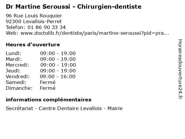 Dr Martine Seroussi - Chirurgien-dentiste à Levallois-Perret: adresse et heures d'ouverture