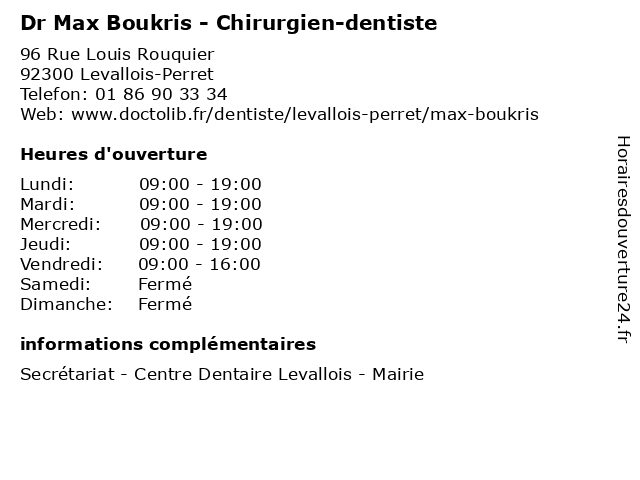 Dr Max Boukris - Chirurgien-dentiste à Levallois-Perret: adresse et heures d'ouverture