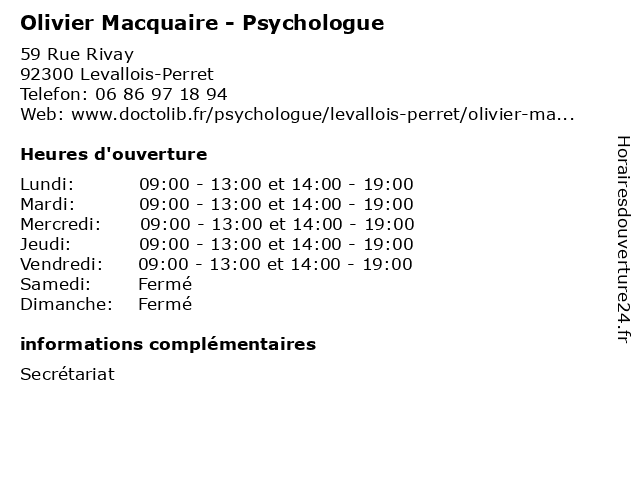 Olivier Macquaire - Psychologue à Levallois-Perret: adresse et heures d'ouverture