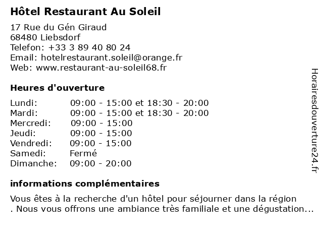 Hôtel Restaurant Au Soleil à Liebsdorf: adresse et heures d'ouverture