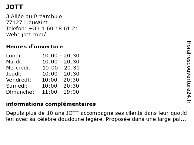 ᐅ Horaires d'ouverture „Jott“ | 3 Allée du Préambule à Lieusaint