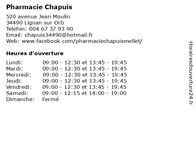 Pharmacie Chapuis à Lignan sur Orb: adresse et heures d'ouverture