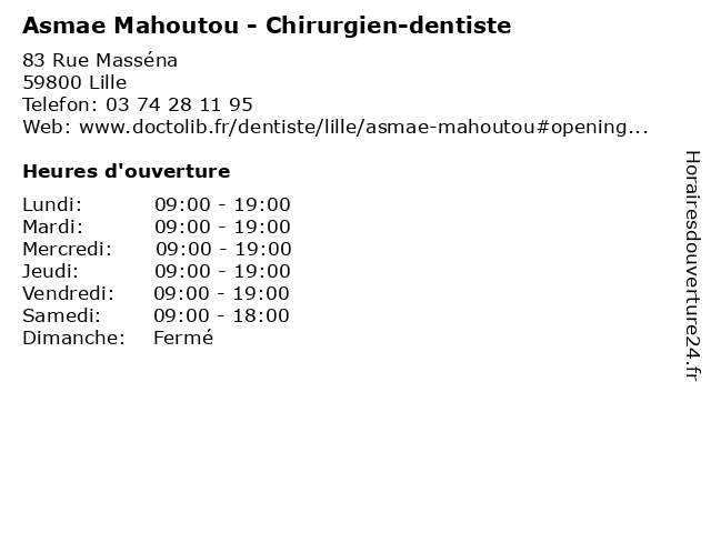 Asmae Mahoutou - Chirurgien-dentiste à Lille: adresse et heures d'ouverture