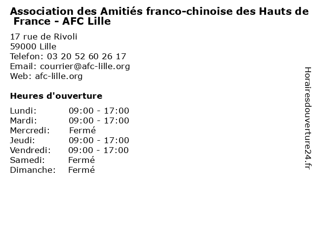 Association des Amitiés franco-chinoise des Hauts de France - AFC Lille à Lille: adresse et heures d'ouverture
