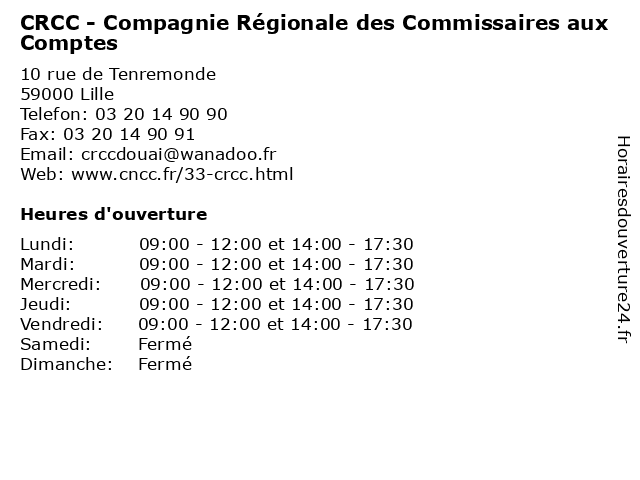 CRCC - Compagnie Régionale des Commissaires aux Comptes à Lille: adresse et heures d'ouverture