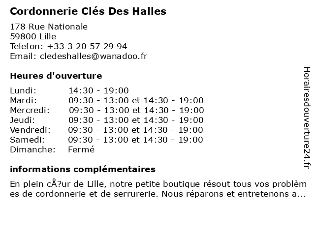Cordonnerie Clés Des Halles à Lille: adresse et heures d'ouverture