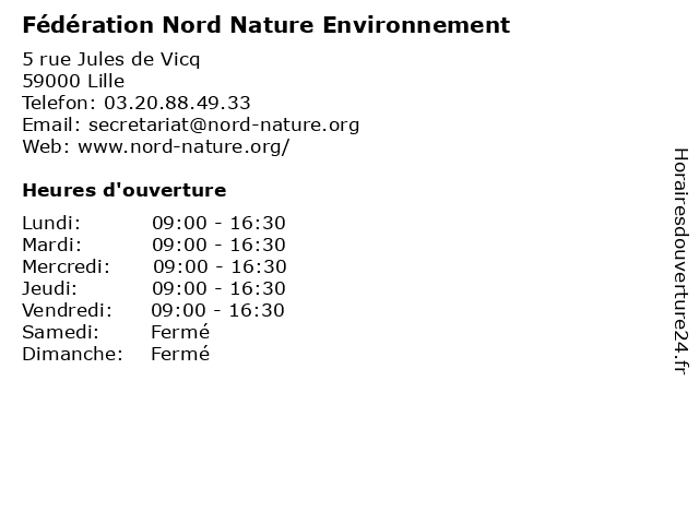 Fédération Nord Nature Environnement à Lille: adresse et heures d'ouverture