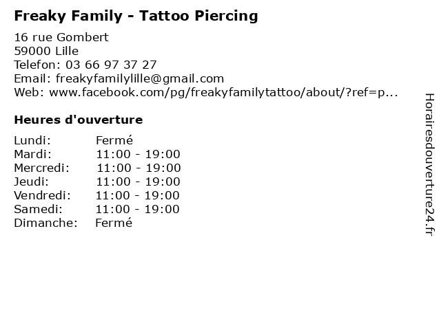 ᐅ Horaires d'ouverture „Freaky Family - Tattoo Piercing“