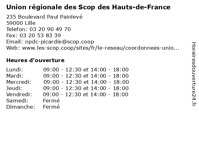 Union régionale des Scop des Hauts-de-France à Lille: adresse et heures d'ouverture