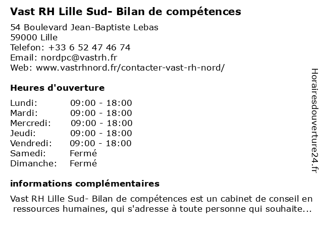 Vast RH Lille - Bilan de compétences à Lille: adresse et heures d'ouverture