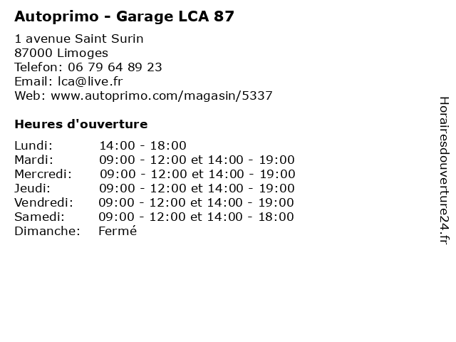 Autoprimo - Garage LCA 87 à Limoges: adresse et heures d'ouverture