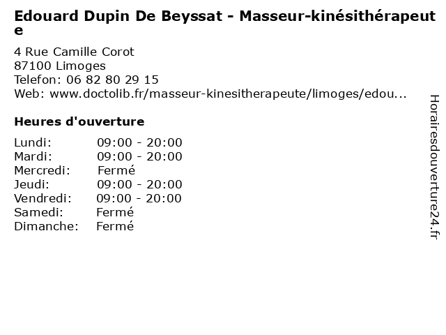 Edouard Dupin De Beyssat - Masseur-kinésithérapeute à Limoges: adresse et heures d'ouverture