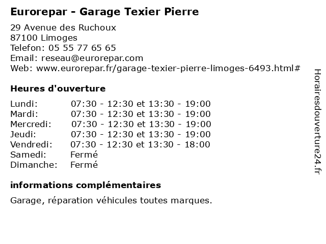 Eurorepar - Garage Texier Pierre à Limoges: adresse et heures d'ouverture