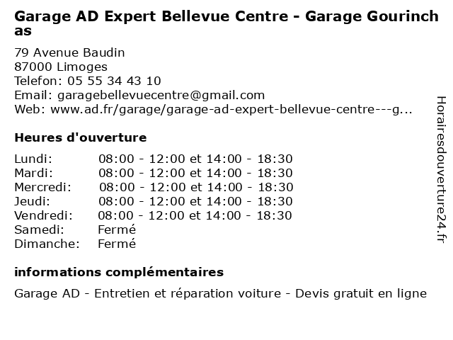 Garage AD Expert Bellevue Centre - Garage Gourinchas à Limoges: adresse et heures d'ouverture