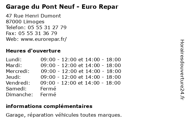 Garage du Pont Neuf - Euro Repar à Limoges: adresse et heures d'ouverture