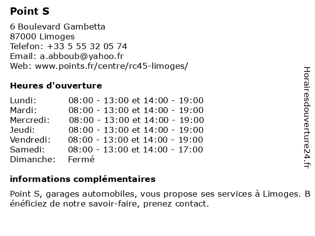 Point S - RC45 à Limoges: adresse et heures d'ouverture