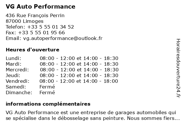 VG Auto Performance à Limoges: adresse et heures d'ouverture