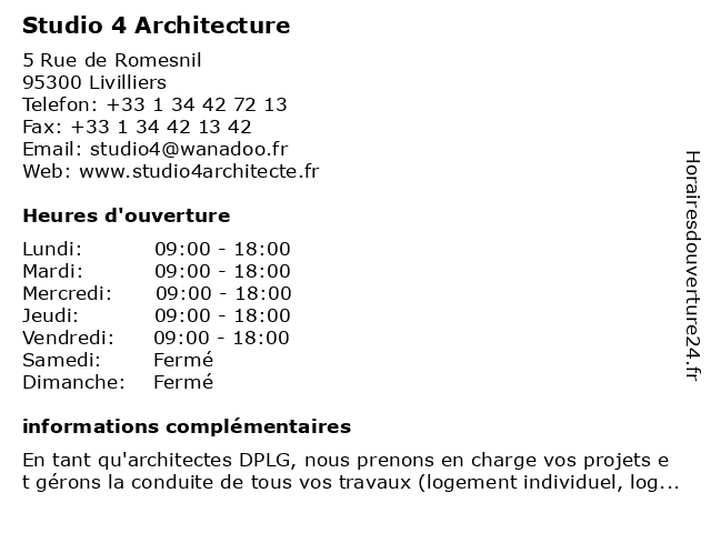 Studio 4 Architecture à Livilliers: adresse et heures d'ouverture