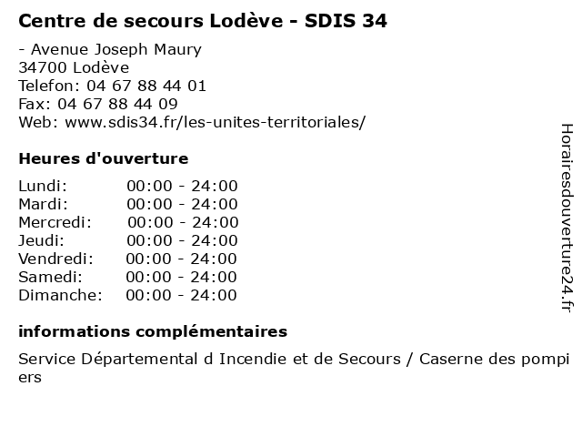 Centre de secours Lodève - SDIS 34 à Lodève: adresse et heures d'ouverture