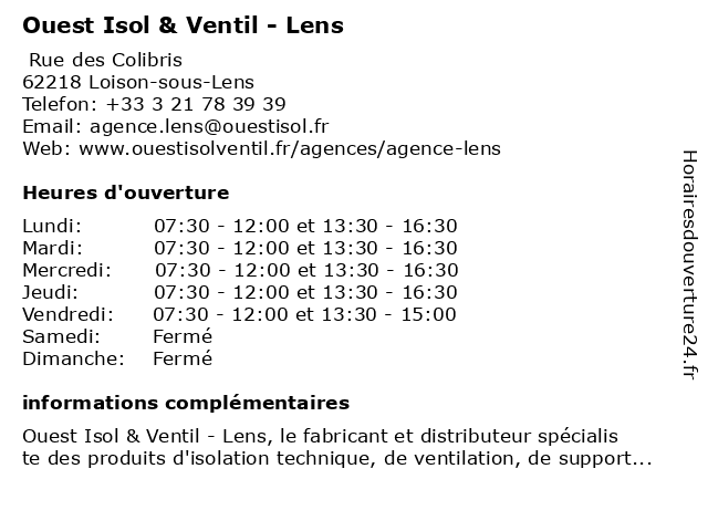 ᐅ Horaires D'ouverture „Ouest Isol & Ventil“ | - Rue Des Colibris À Loison- Sous-Lens