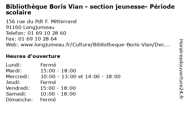 Bibliothèque Boris Vian - section jeunesse- Période scolaire à Longjumeau: adresse et heures d'ouverture
