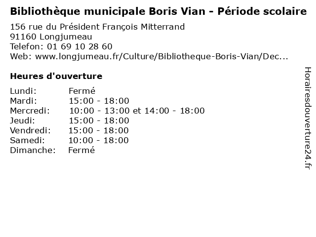 Bibliothèque municipale Boris Vian - Période scolaire à Longjumeau: adresse et heures d'ouverture