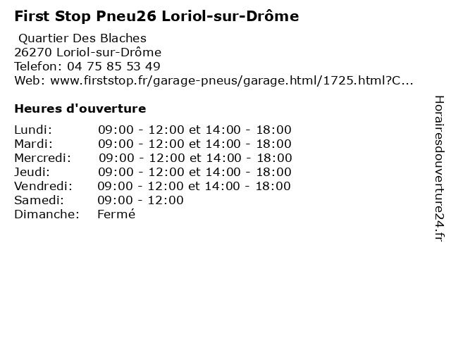 First Stop - Pneus26 à Loriol-sur-Drôme: adresse et heures d'ouverture