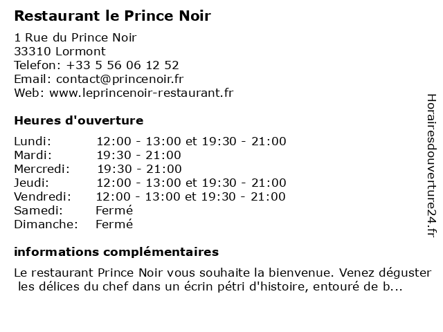 Restaurant le Prince Noir à Lormont: adresse et heures d'ouverture