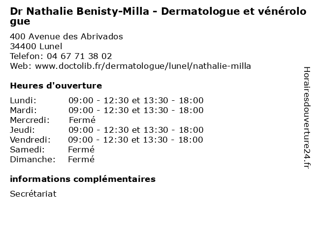 Dr Nathalie Benisty-Milla - Dermatologue et vénérologue à Lunel: adresse et heures d'ouverture
