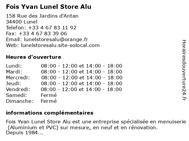 Fois Yvan Lunel Store Alu à Lunel: adresse et heures d'ouverture
