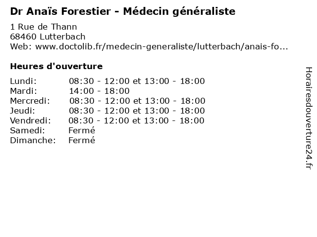 Dr Anaïs Forestier - Médecin généraliste à Lutterbach: adresse et heures d'ouverture