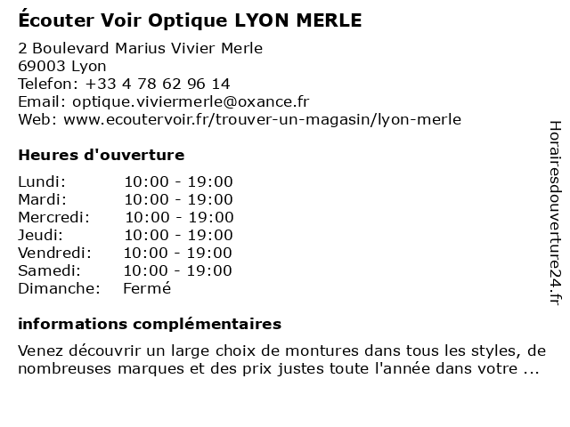 Écouter Voir Optique LYON MERLE à Lyon: adresse et heures d'ouverture