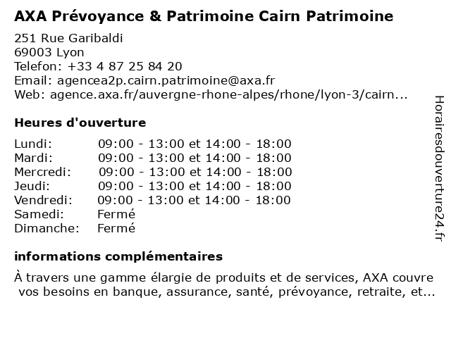 AXA Prévoyance & Patrimoine - Cairn Patrimoine à Lyon: adresse et heures d'ouverture